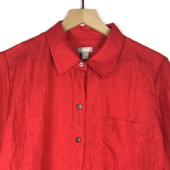 CHICOS Sheer Red Top Button Up Long Sleeve Crinkle Lightweight Size 2 Large - Picture 2 of 9